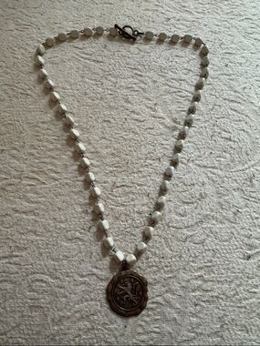 French Kande White Beaded Necklace with Antique Gold-Tone Medallion